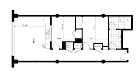 Floor plan for 1 bed, 1 bath, 990 sqft